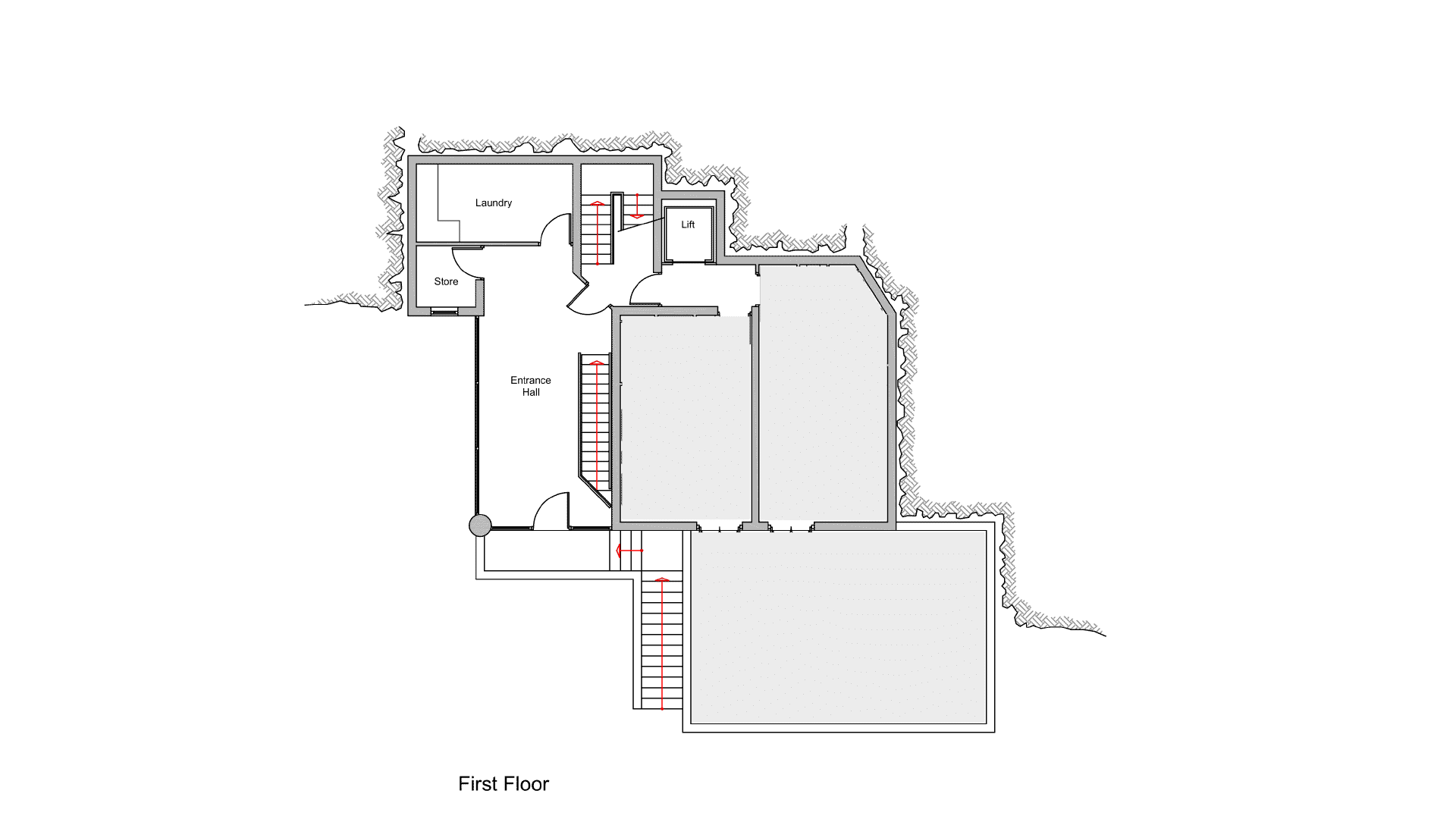 First floor layout featuring entrance hall, laundry, storage, and lift access