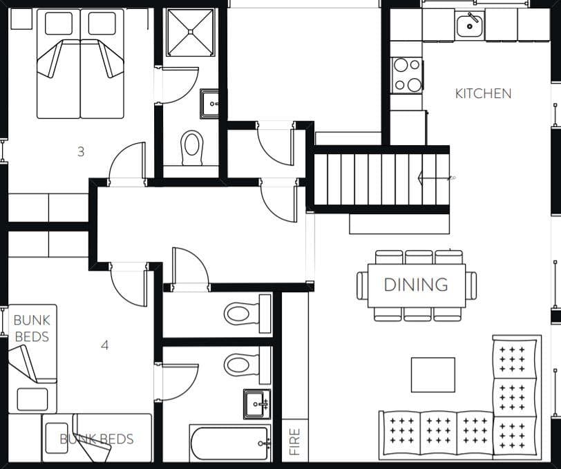 Floor plan: open-plan living, kitchen, bunk room, and bedroom with two bathrooms