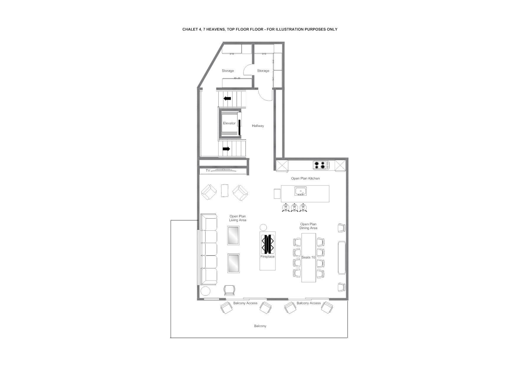 Top floor layout: open-plan living, kitchen, dining seats 10, and elevator access