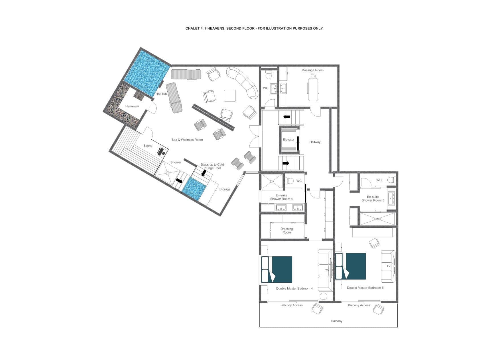 Second floor plan: two master suites, massage room, and spa with hot tub