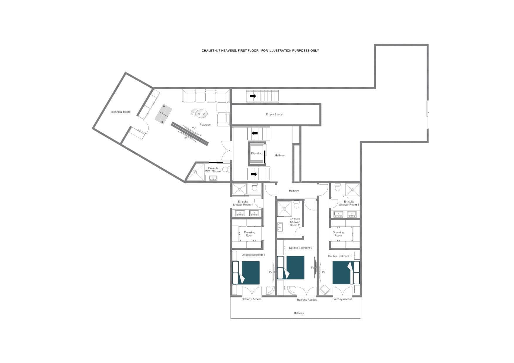 First floor layout: three ensuite double bedrooms with balcony access and playroom