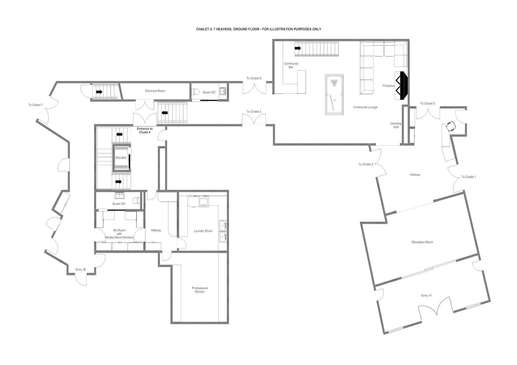 Ground floor plan: ski room with heated boot warmers, professional kitchen, and communal lounge