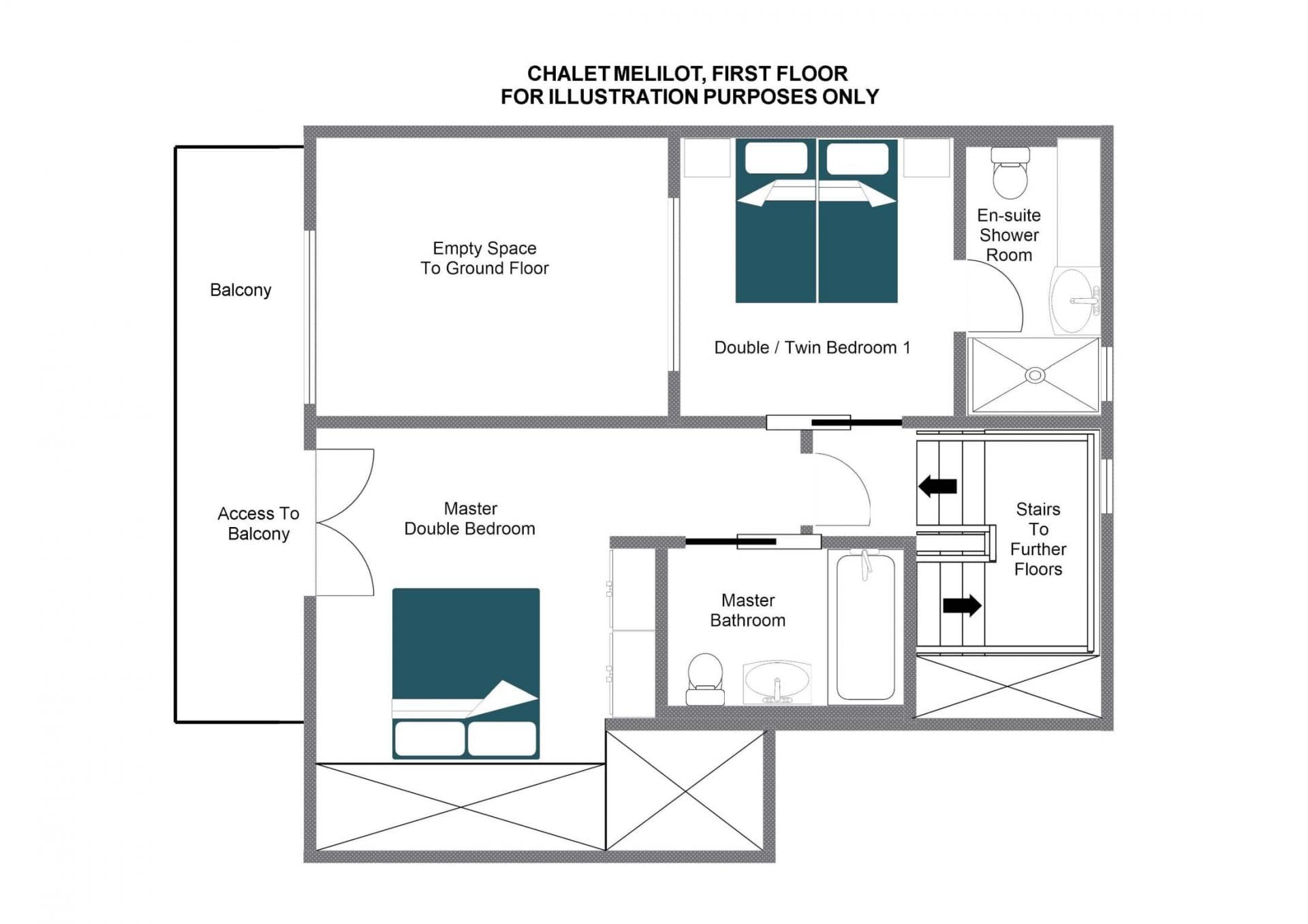 First floor layout with two en-suite bedrooms; master includes balcony access