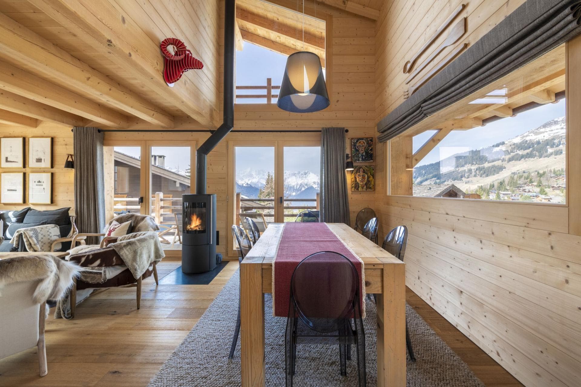 Dining area seats 6; wood-burning stove and mountain views