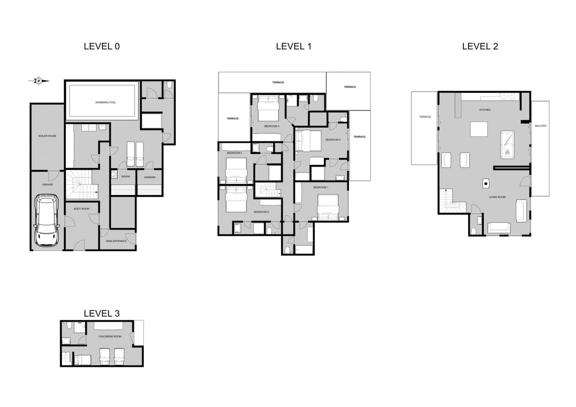 Four-level floor plan showing indoor pool, sauna, five bedrooms, and top-floor children's room