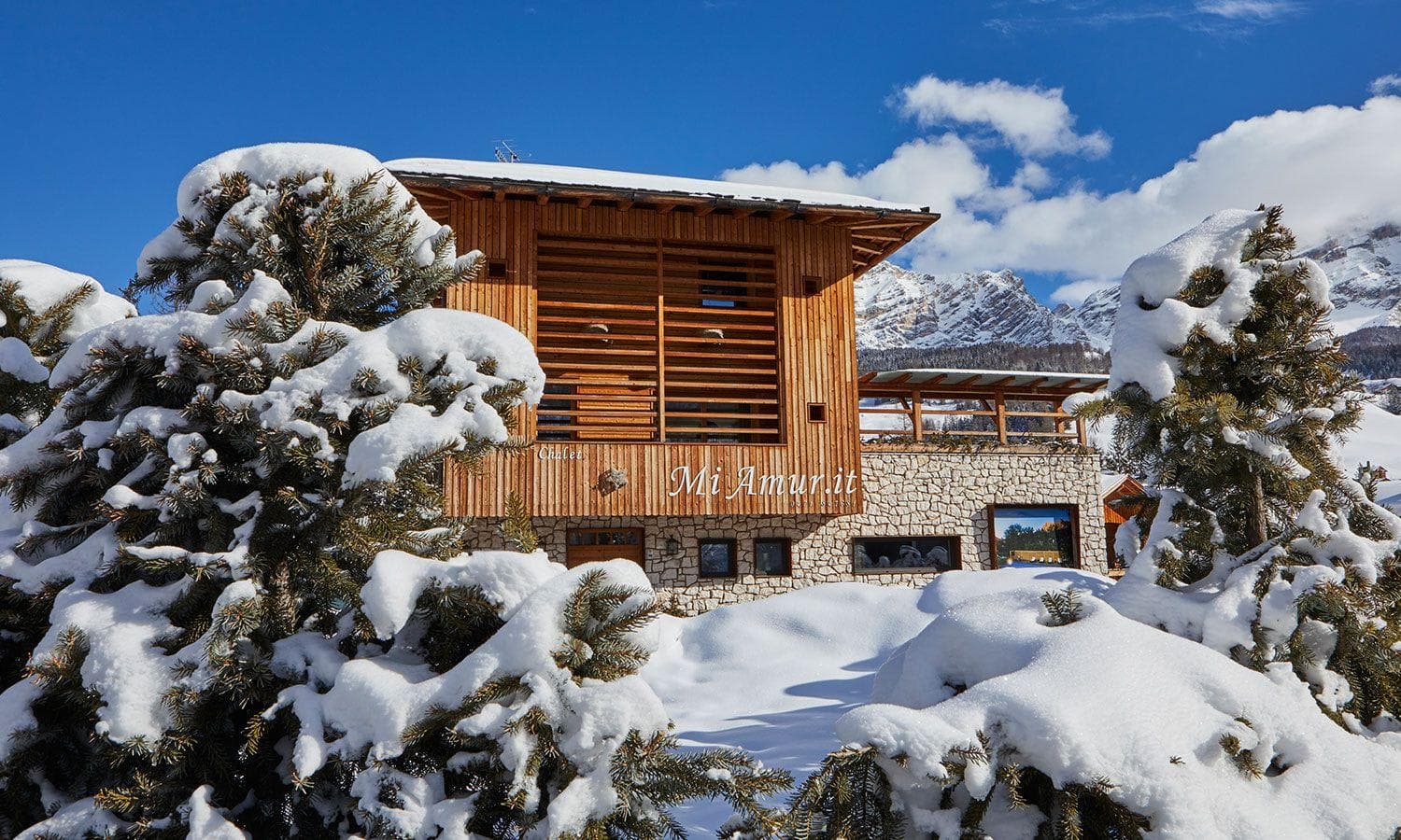 Timber and stone chalet exterior with slatted screens and mountain backdrop