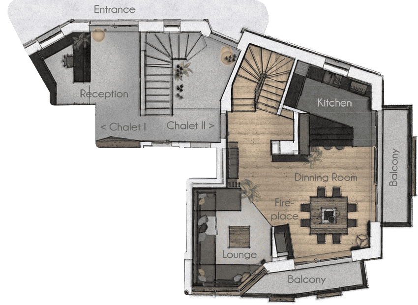 Chalet II floor plan: kitchen, lounge with fireplace, dining room, and dual balconies