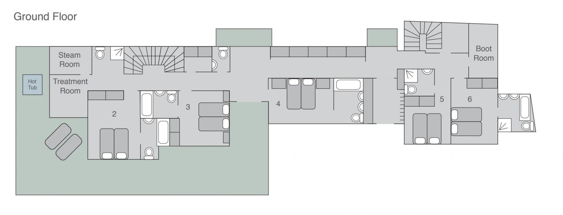 Ground floor plan: five bedrooms, spa area with steam room, and boot room