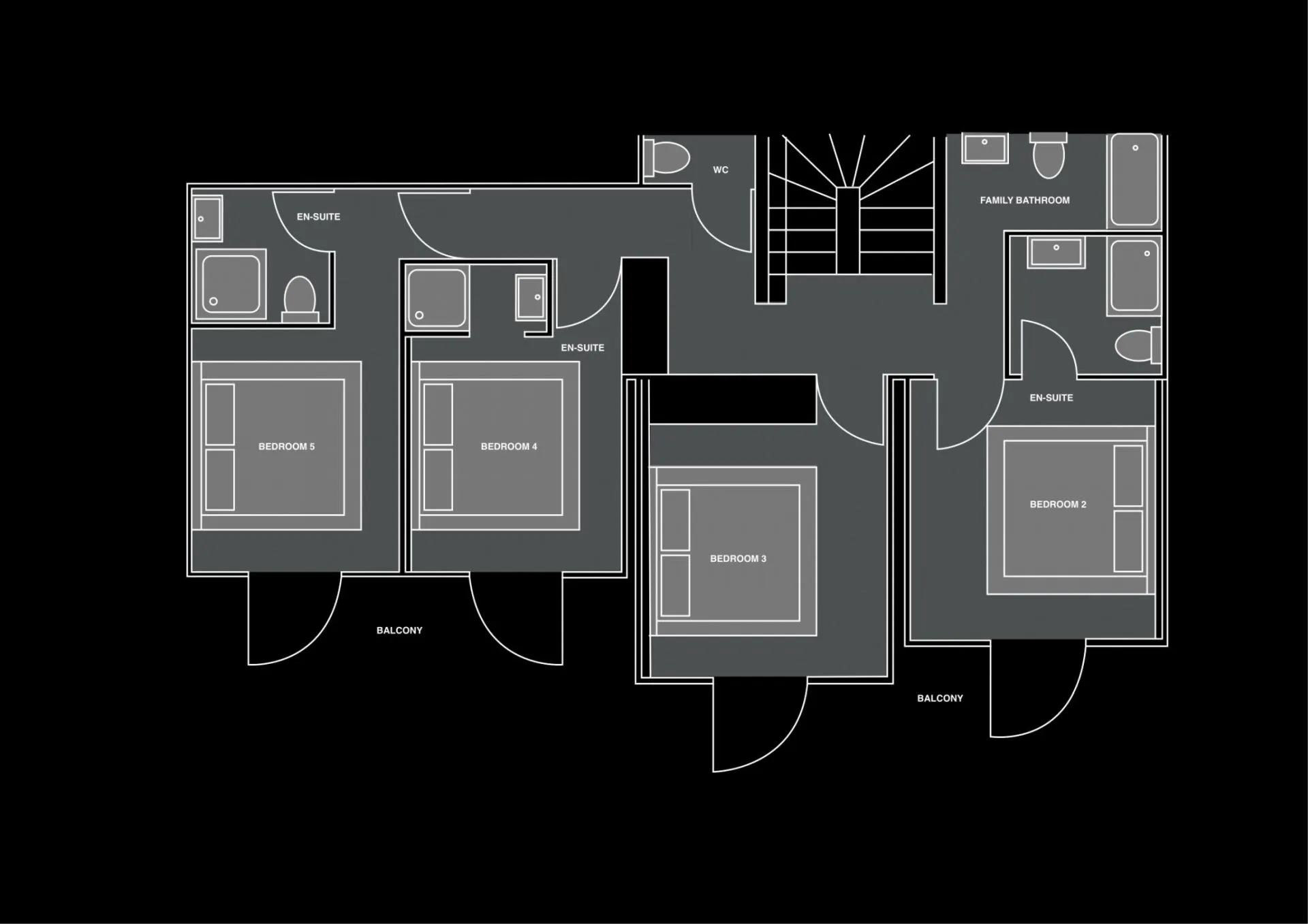Level two plan with four bedrooms, three en-suite shower rooms, family bathroom and balconies