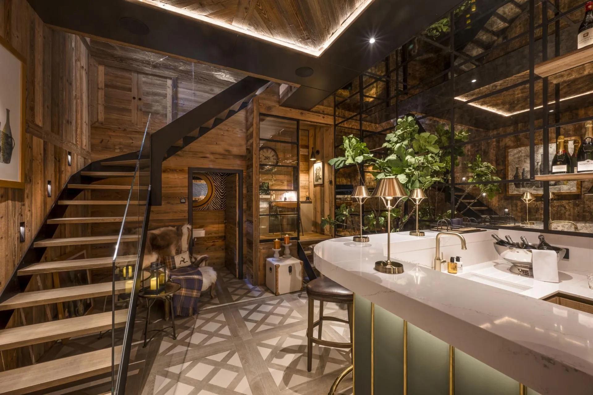 Professional bar beside the glass-walled staircase