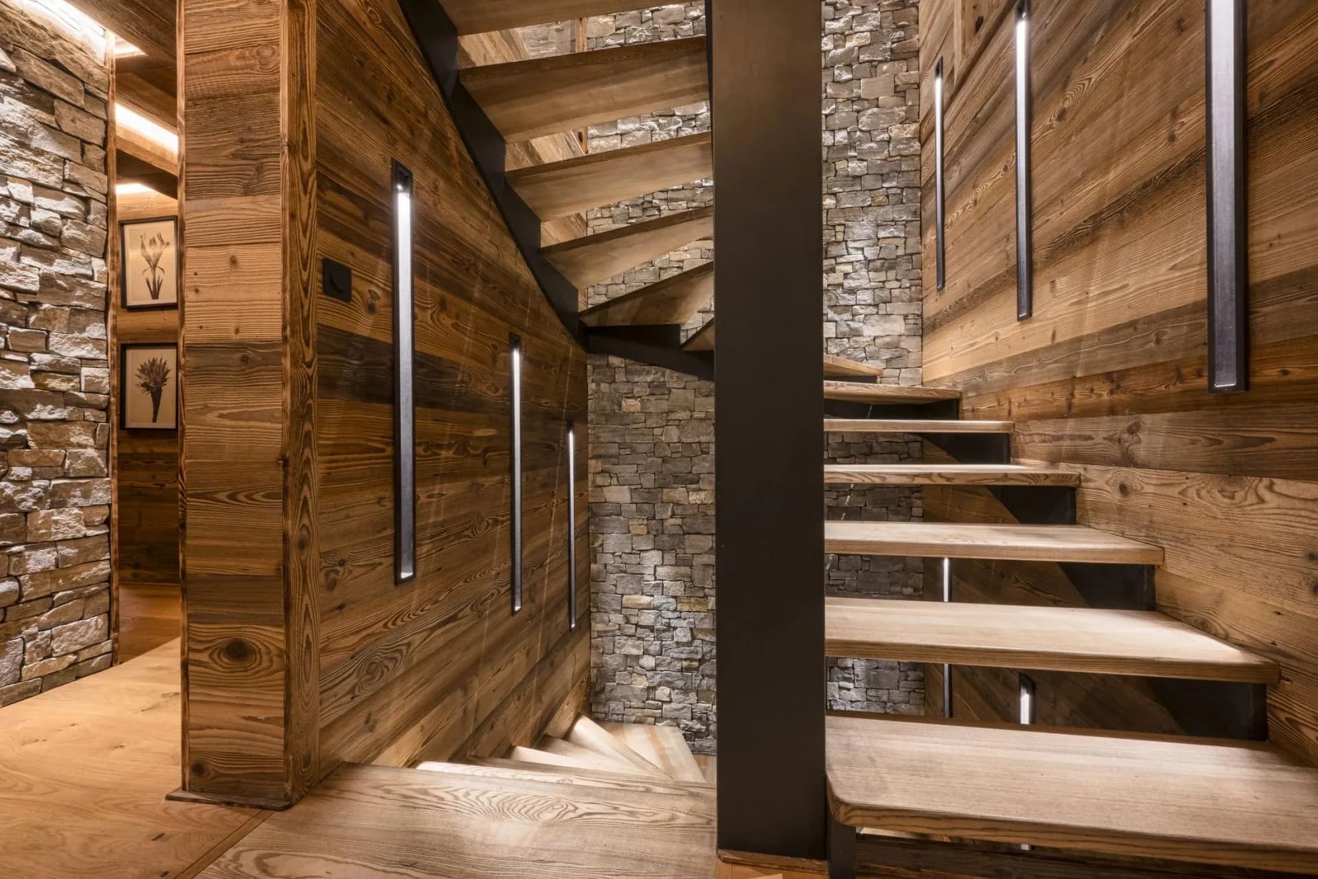 Timber staircase with glass balustrades and integrated lighting