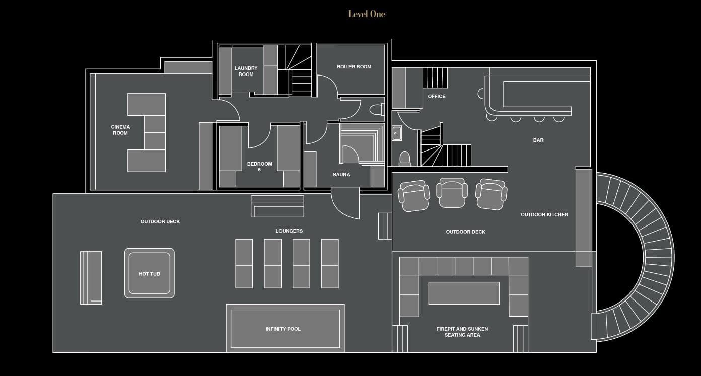 Level one floor plan: cinema, sauna, and deck with infinity pool and hot tub