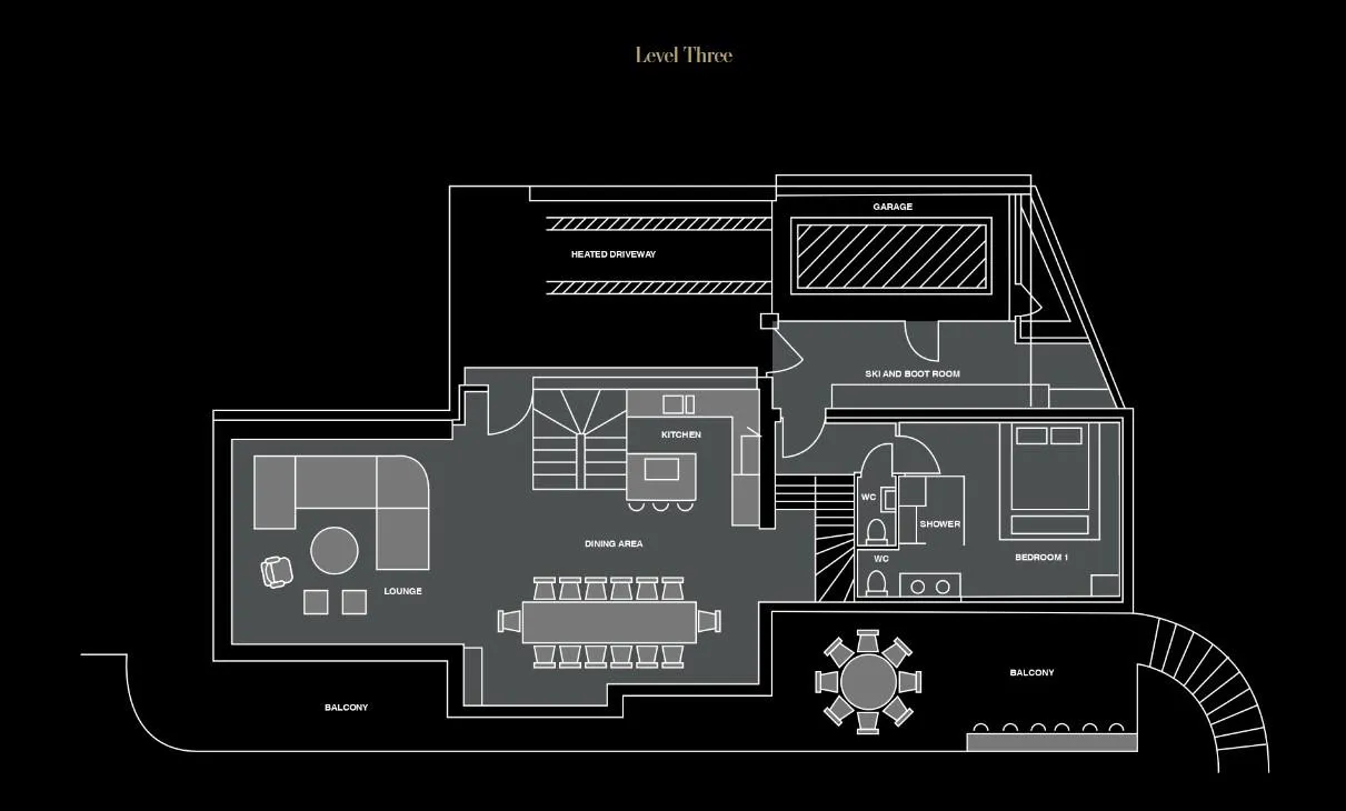 Level three plan with master bedroom, open-plan living area, ski room and heated driveway