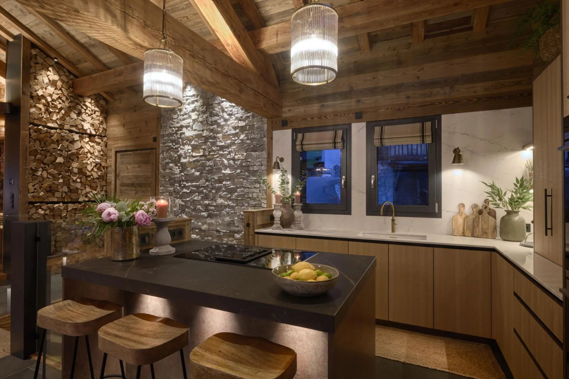 Open-plan kitchen with an island and induction hob