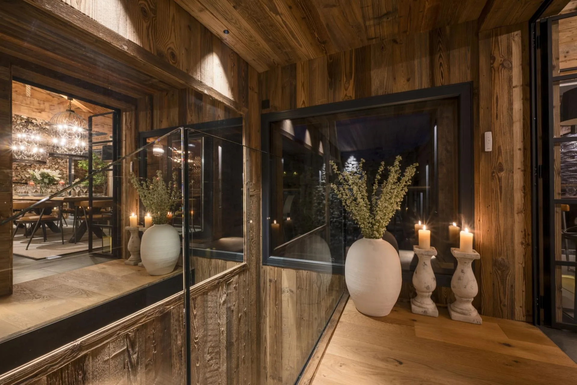 Staircase and timber-lined interior on the entrance level