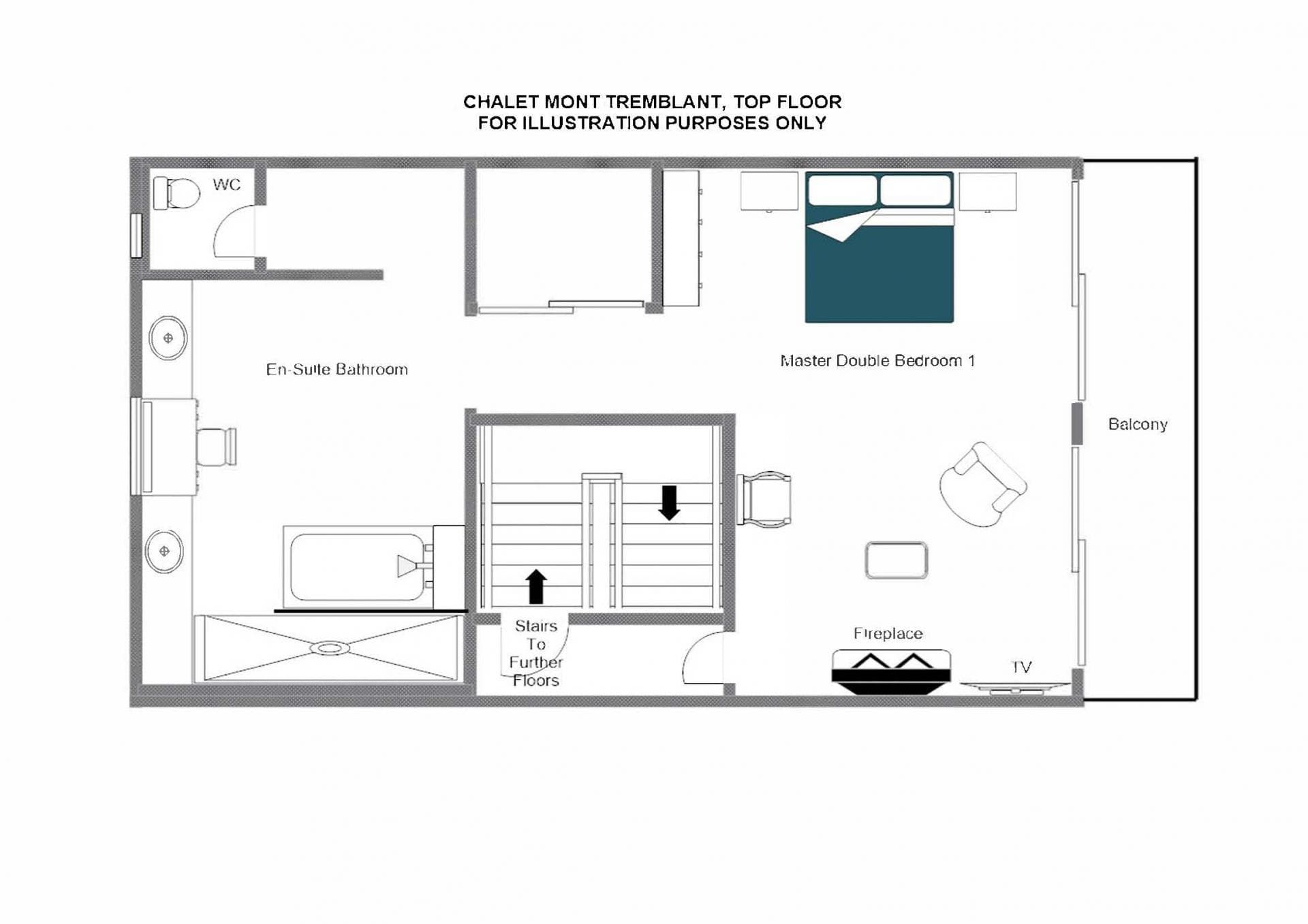Top floor layout: master suite with fireplace, private balcony, and dual-vanity bathroom