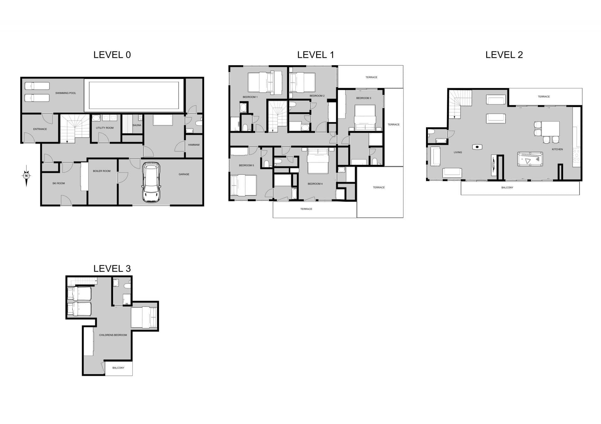 Four-level floor plan: indoor pool, garage, five bedrooms, and top-floor children's room
