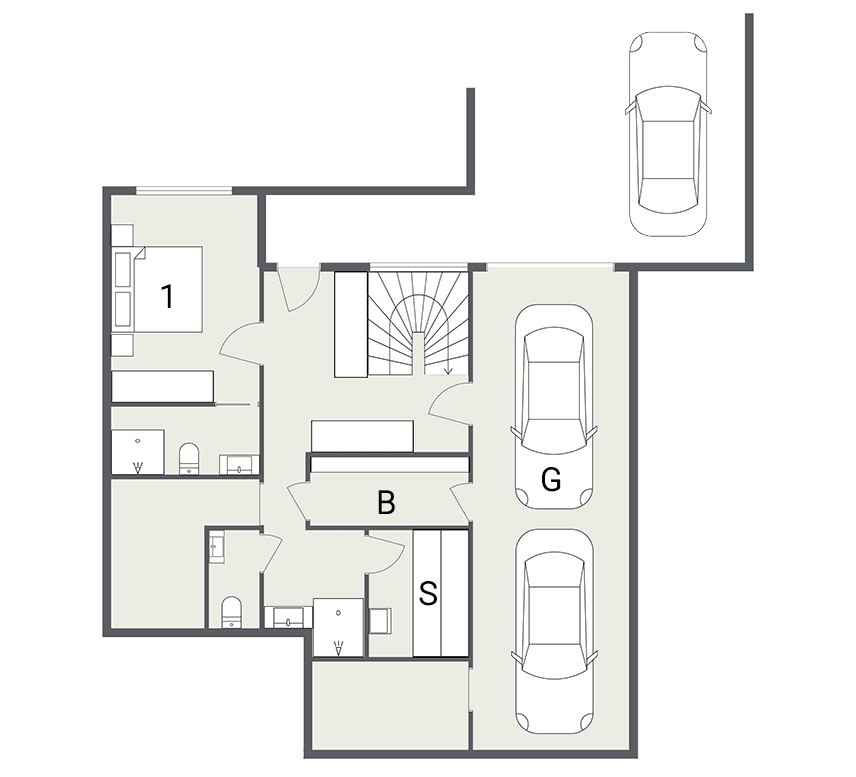 Ground floor plan: two-car garage, ensuite bedroom, sauna, and storage area