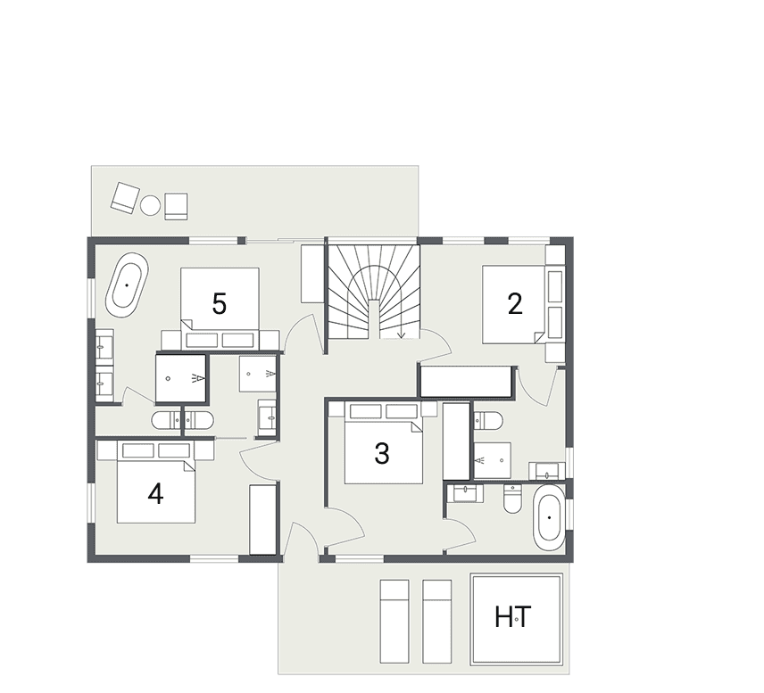 Upper floor layout: four bedrooms with ensuites and terrace with hot tub
