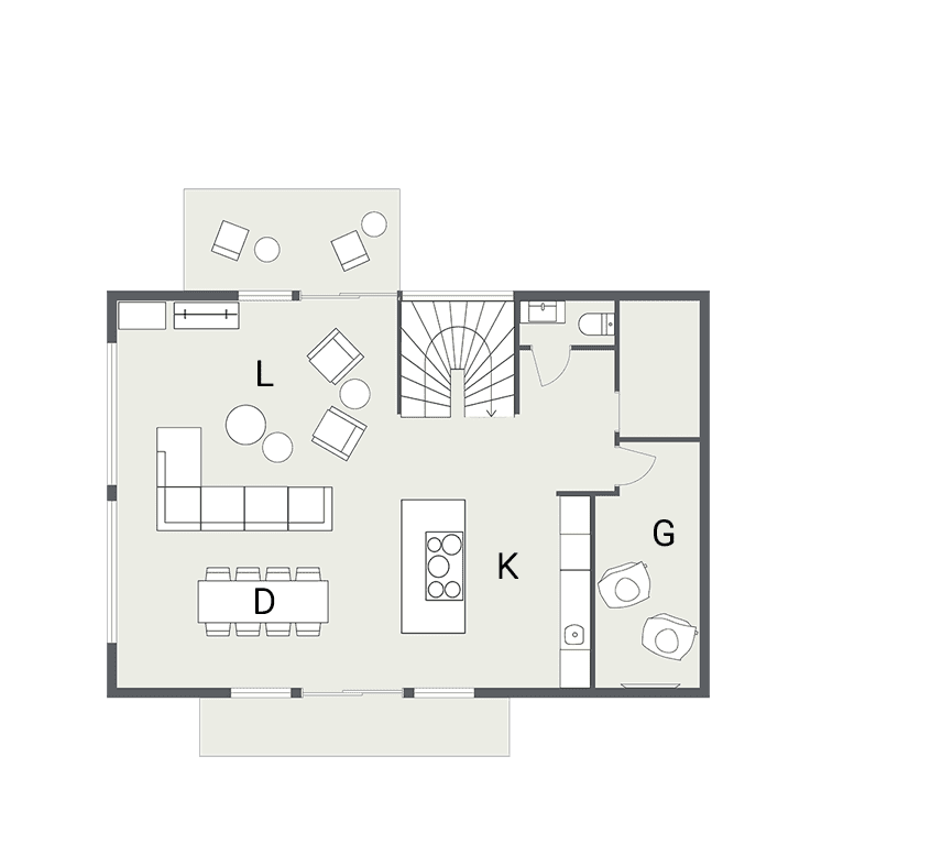 Main floor layout: open living, kitchen with island, dining for 8, and terrace