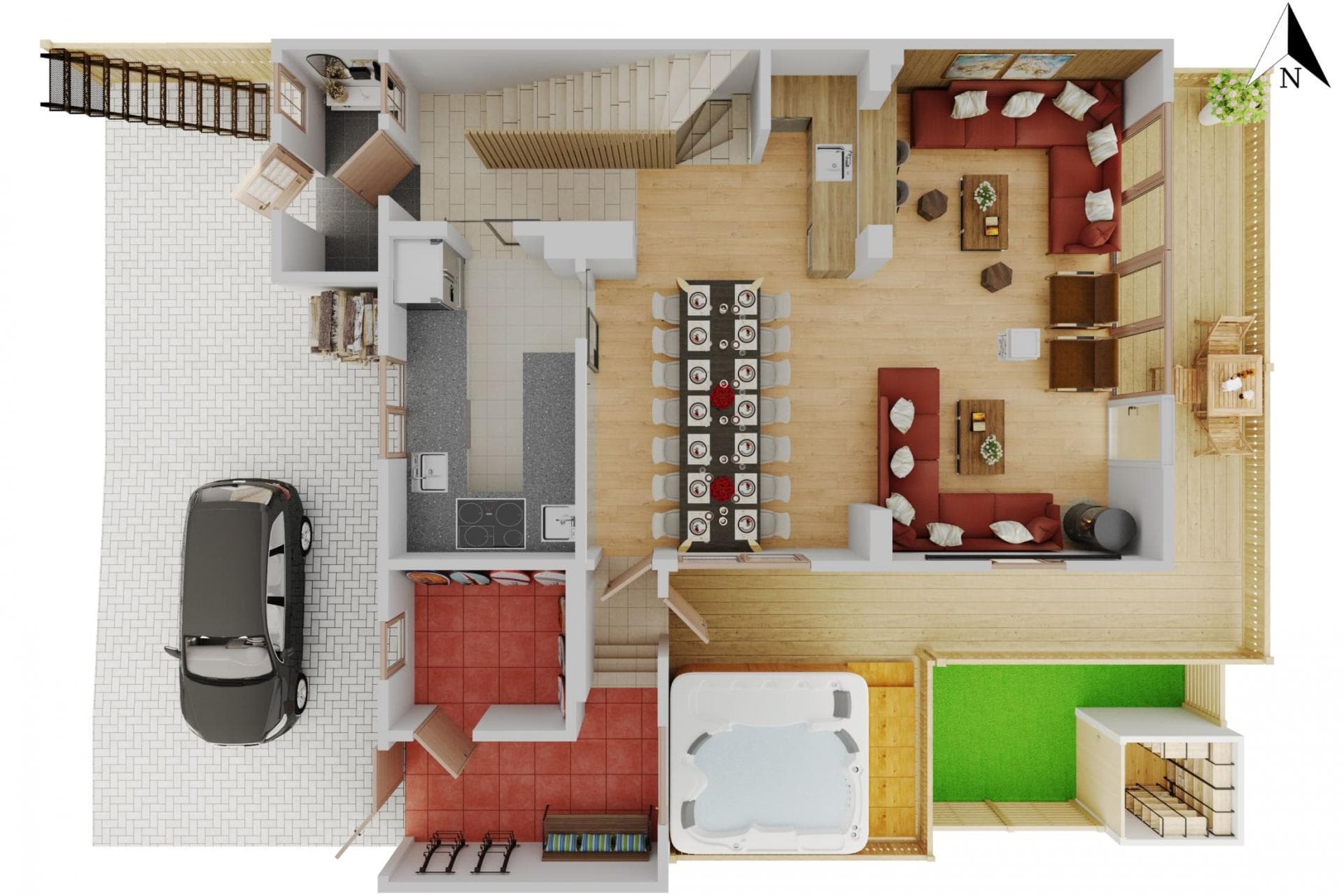 Open-concept main level with 14-person dining and outdoor hot tub