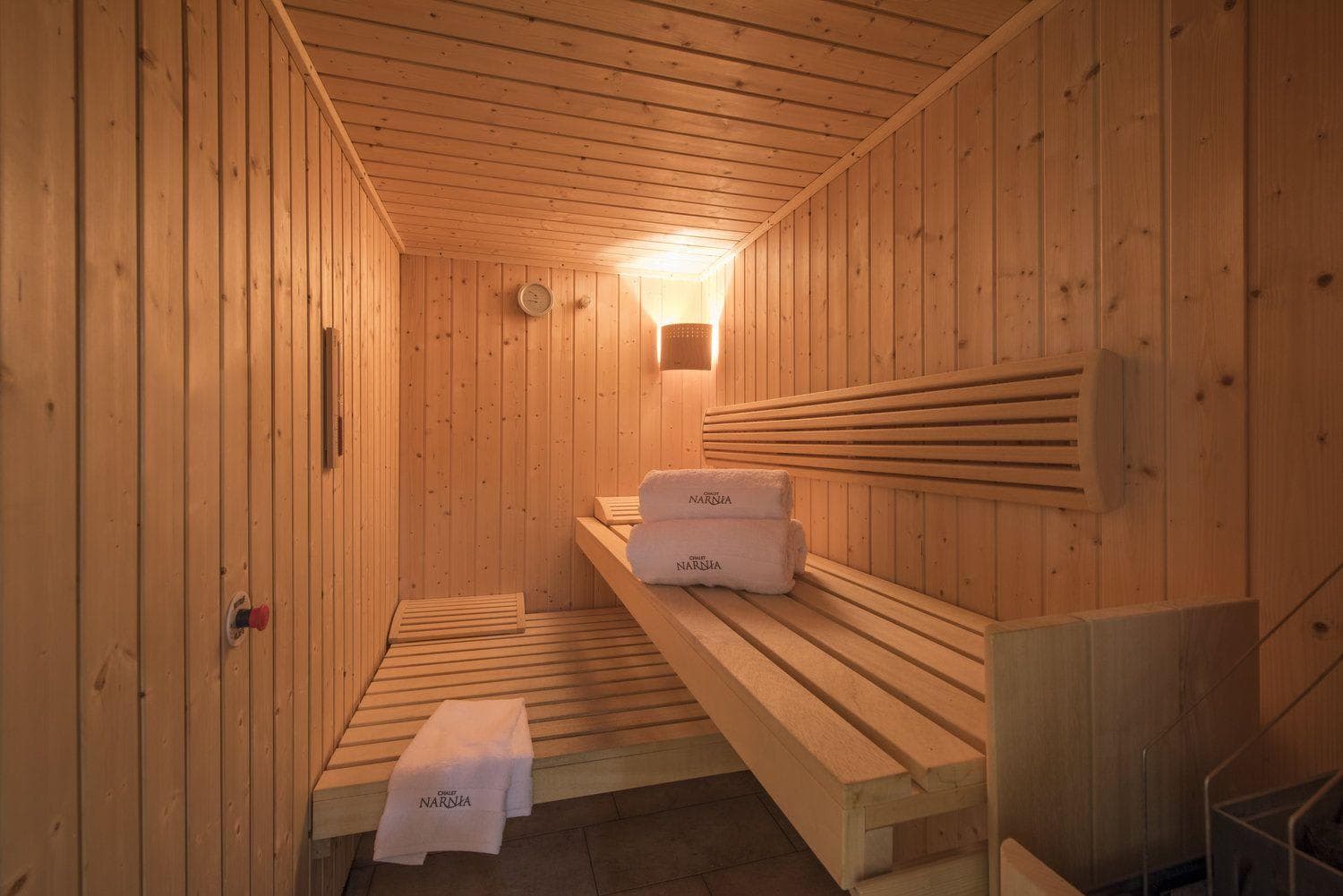 Private sauna with multi-level seating and curved wooden headrests