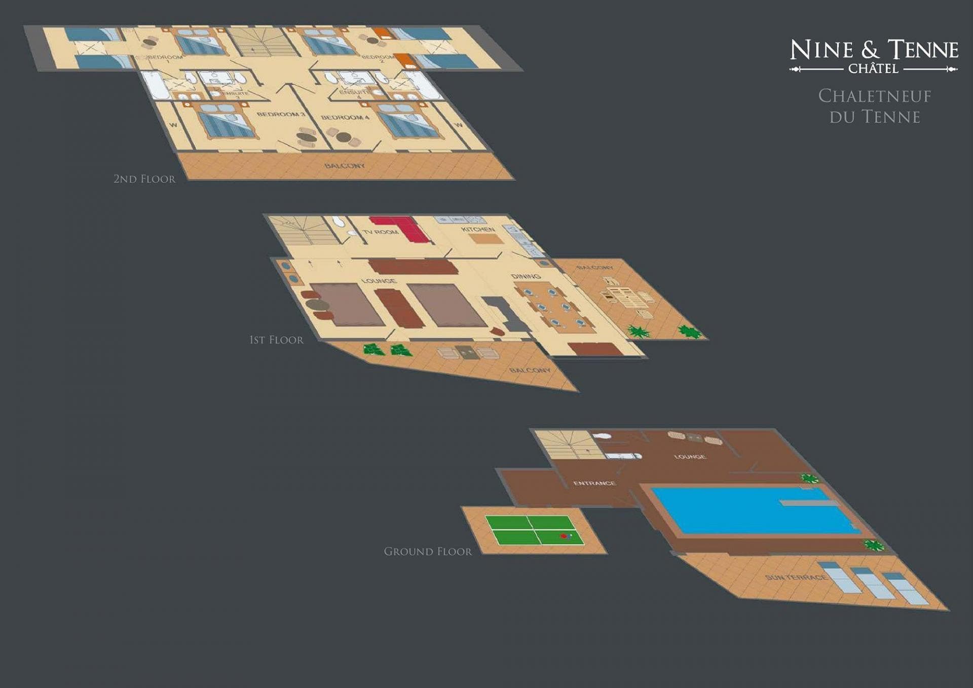 Three-level floor plan: indoor pool, lounge, and four en-suite bedrooms