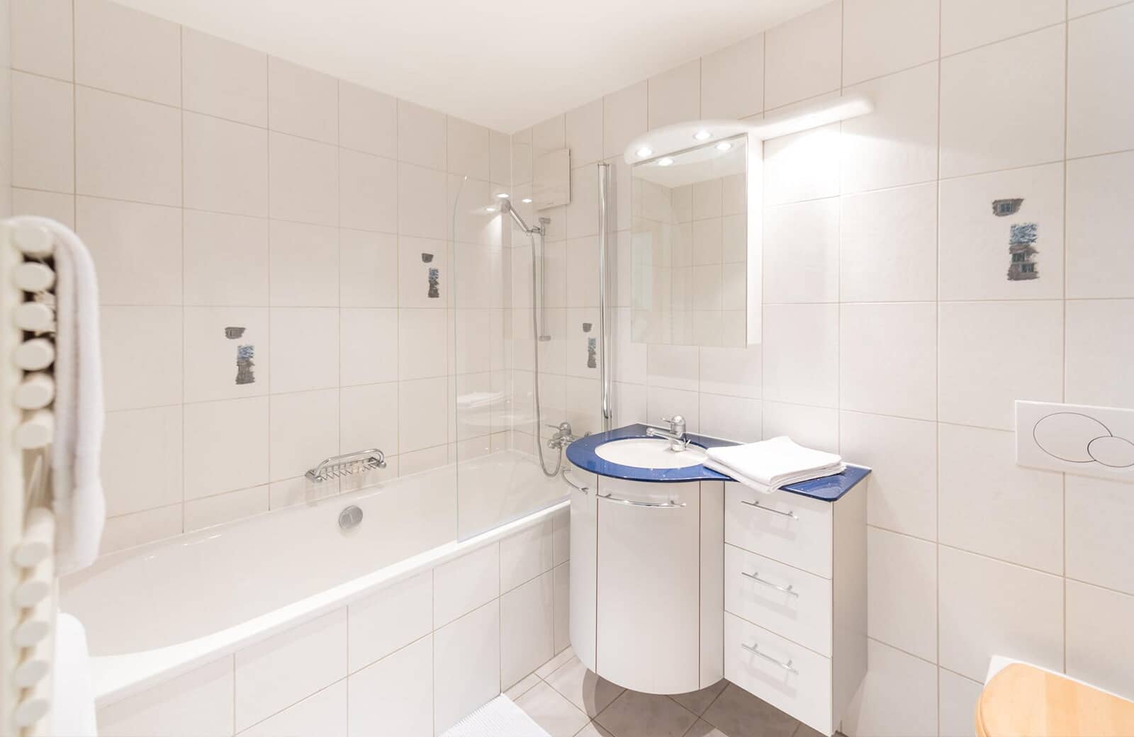 Bathroom with bathtub-shower combination and heated towel rail