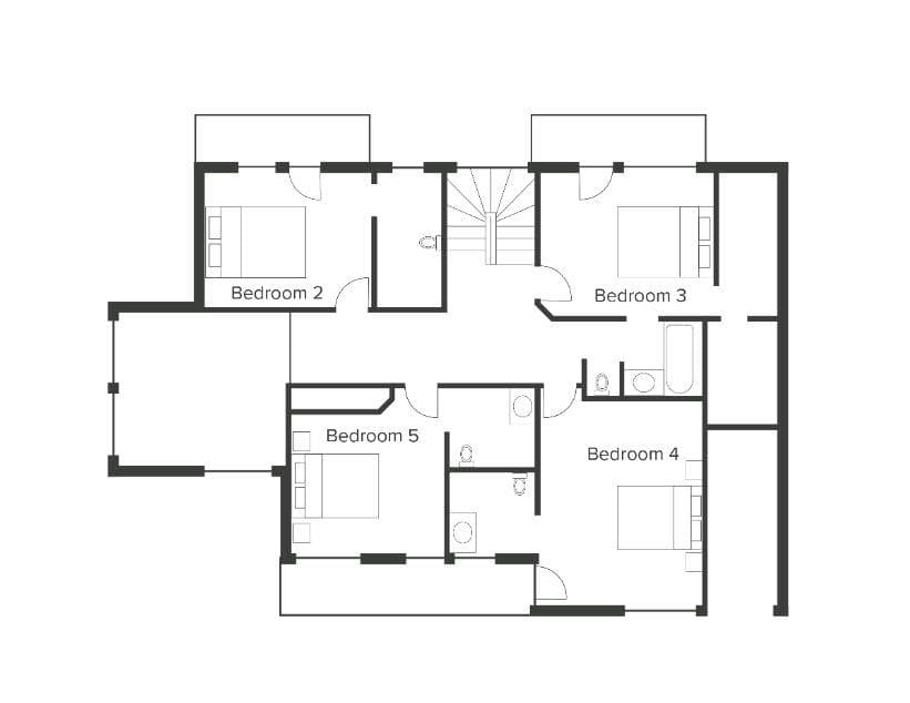Upper floor plan: four bedrooms, two bathrooms, and outdoor terrace access