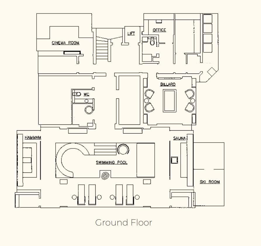 Ground floor plan: swimming pool, sauna, hammam, cinema, and billiards room