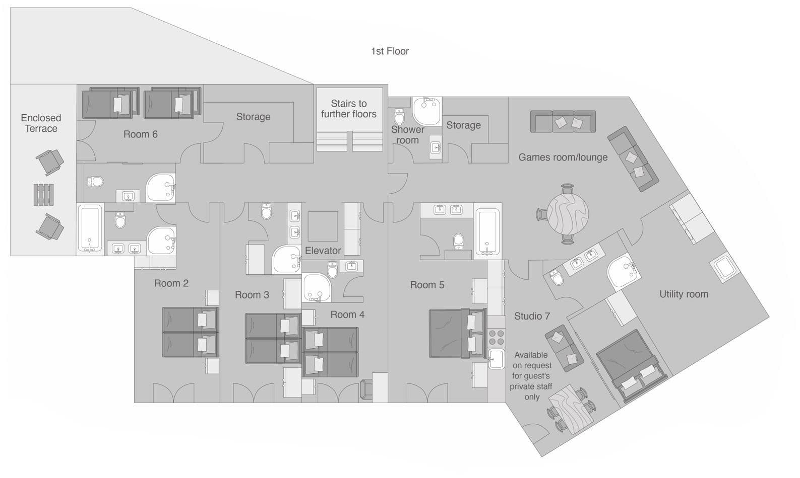 First floor plan: five bedrooms, games room, elevator, and enclosed terrace