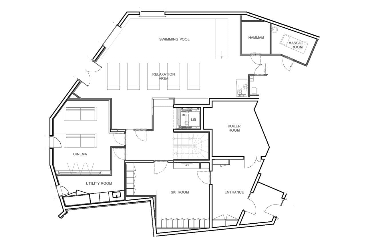 Lower level plan: pool, cinema, ski room, hammam, and lift access
