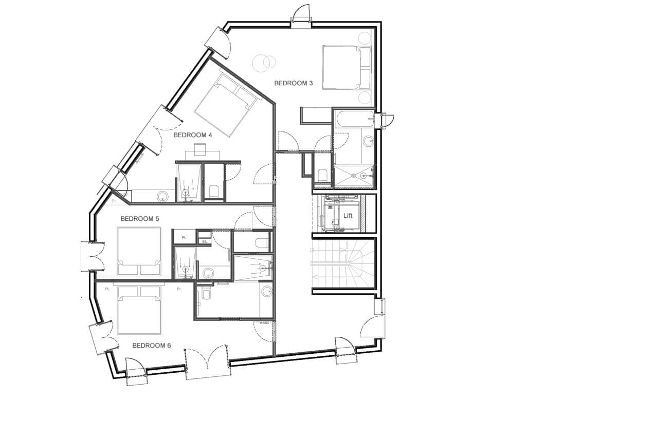 Floor plan: bedrooms 3 through 6 with private ensuites, lift, and stair access