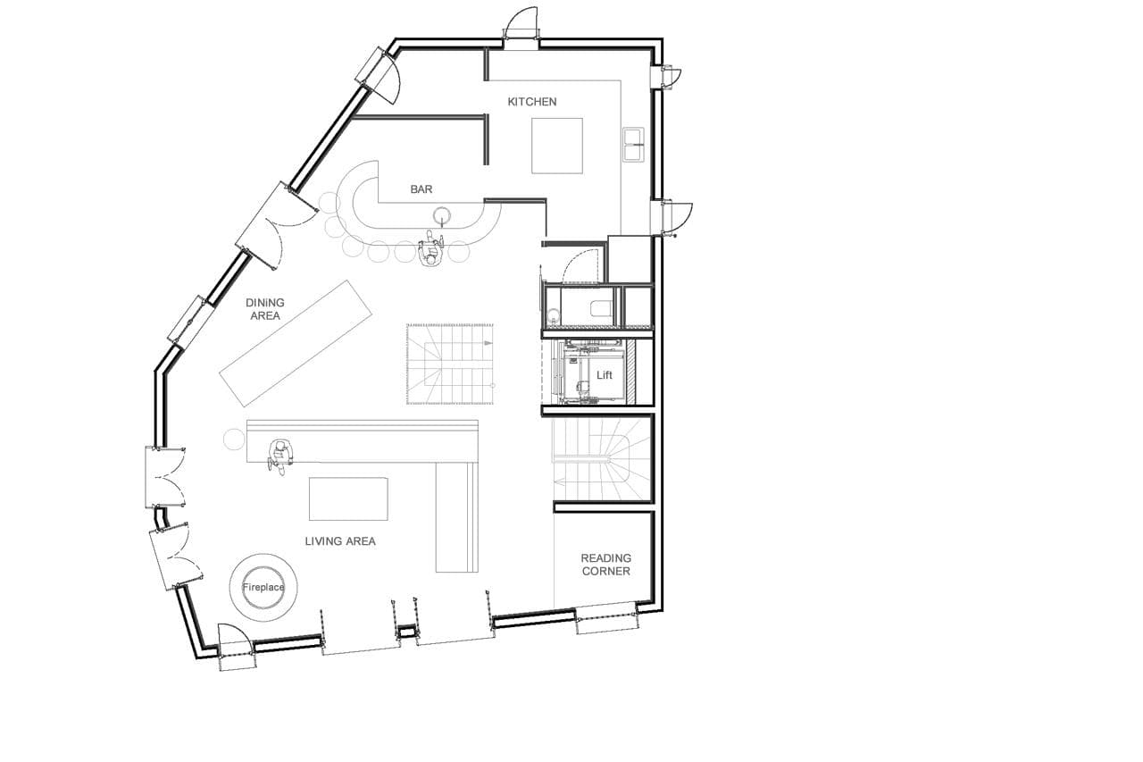 Open-plan floor layout with kitchen, bar, living area, and internal lift
