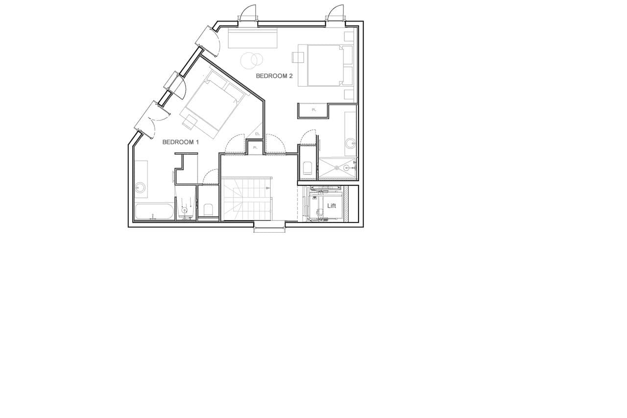 Floor plan: two bedrooms with ensuite bathrooms, stairs, and lift access
