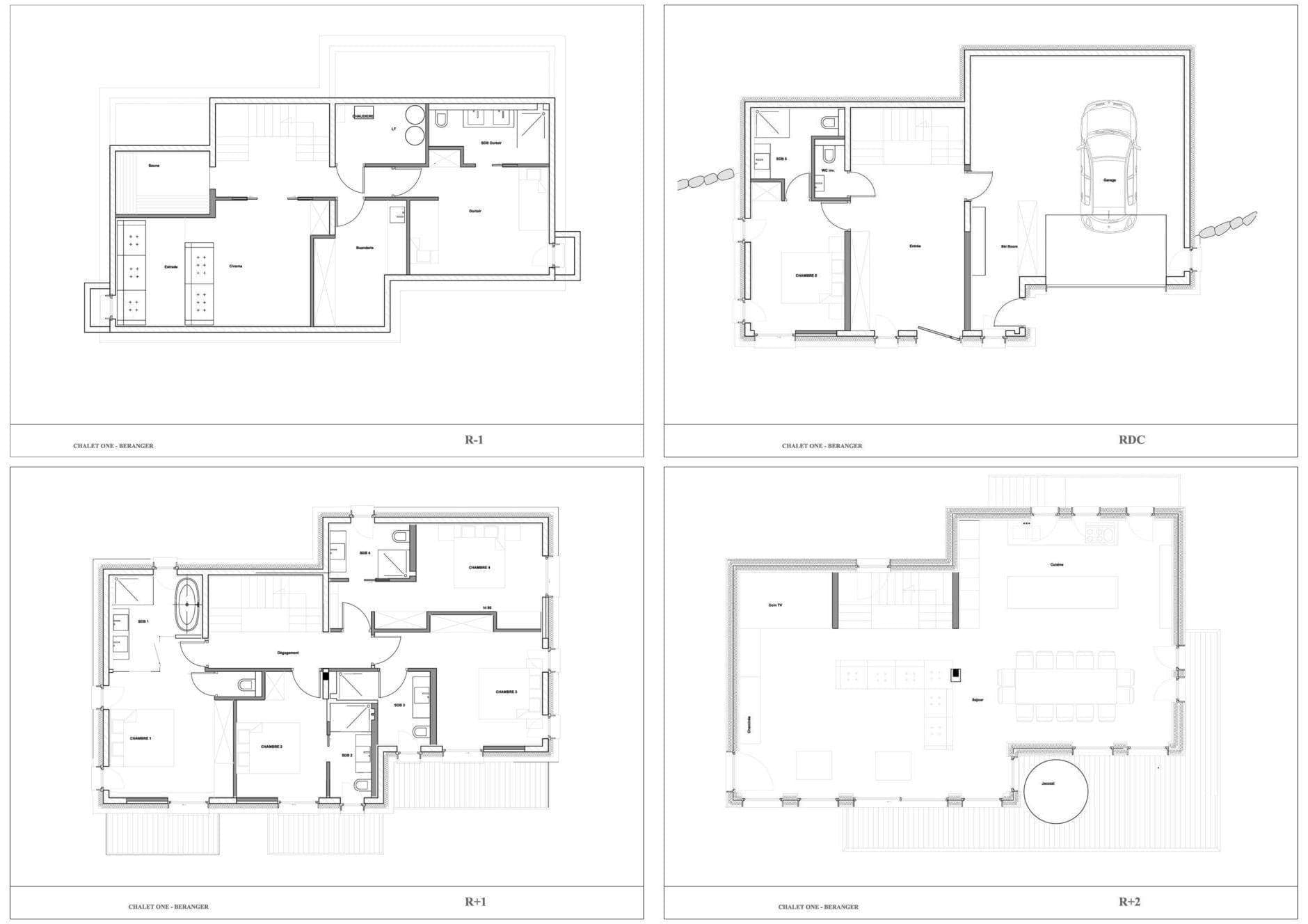 Four-level floor plan: includes garage, multiple en-suite bedrooms, and top-floor living area