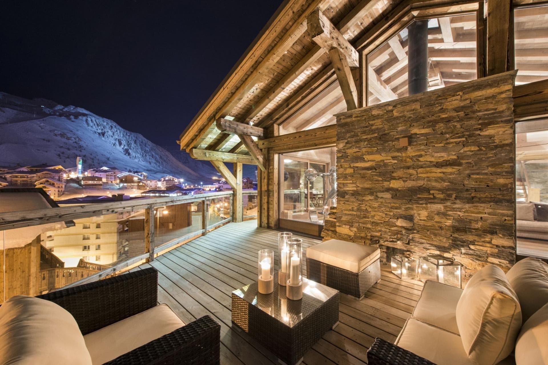 Private deck with lounge seating and views of Tignes Val Claret