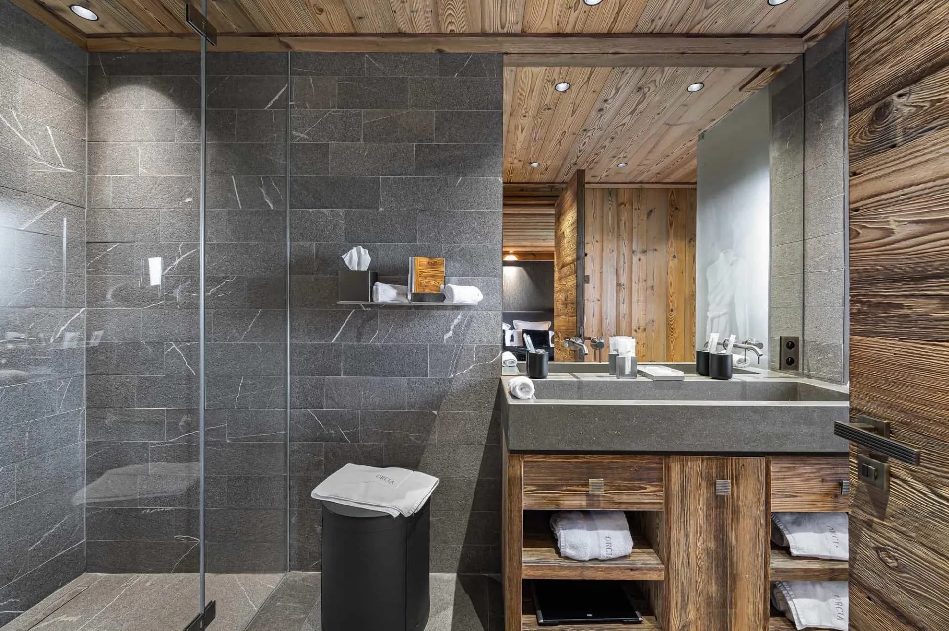 Walk-in shower room with basin vanity