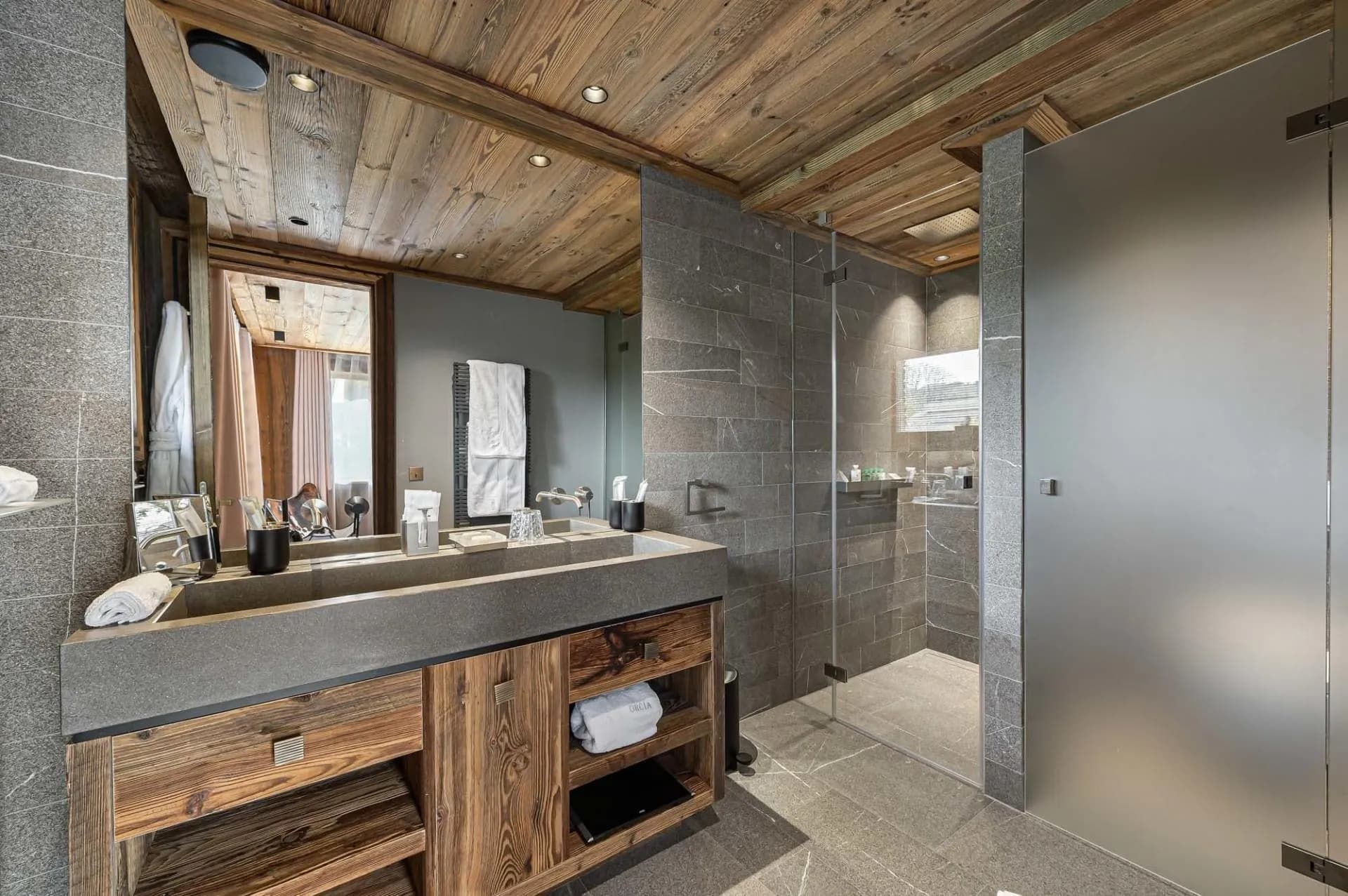 Bathroom with double basins and timber vanity