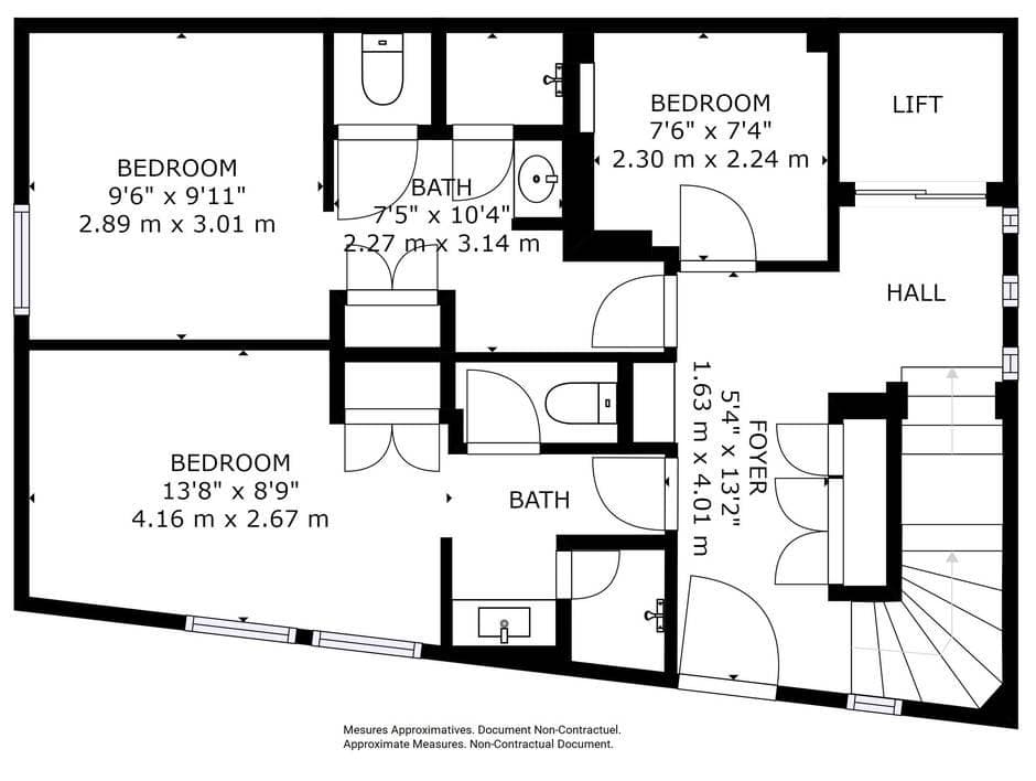 Floor plan: three bedrooms, two bathrooms, foyer, and lift access