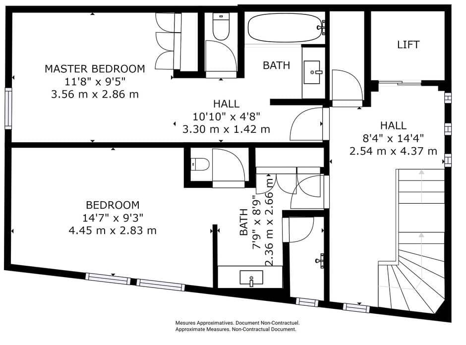 Floor plan: two bedrooms, two bathrooms, stairs, and elevator access