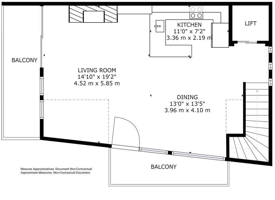 Open floor plan showing kitchen, dining, living area, two balconies, and lift access