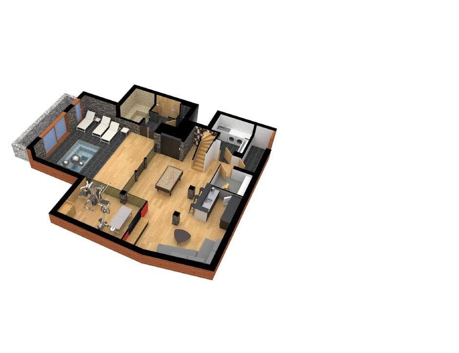 Lower level layout: indoor pool, gym, billiards area, and laundry room
