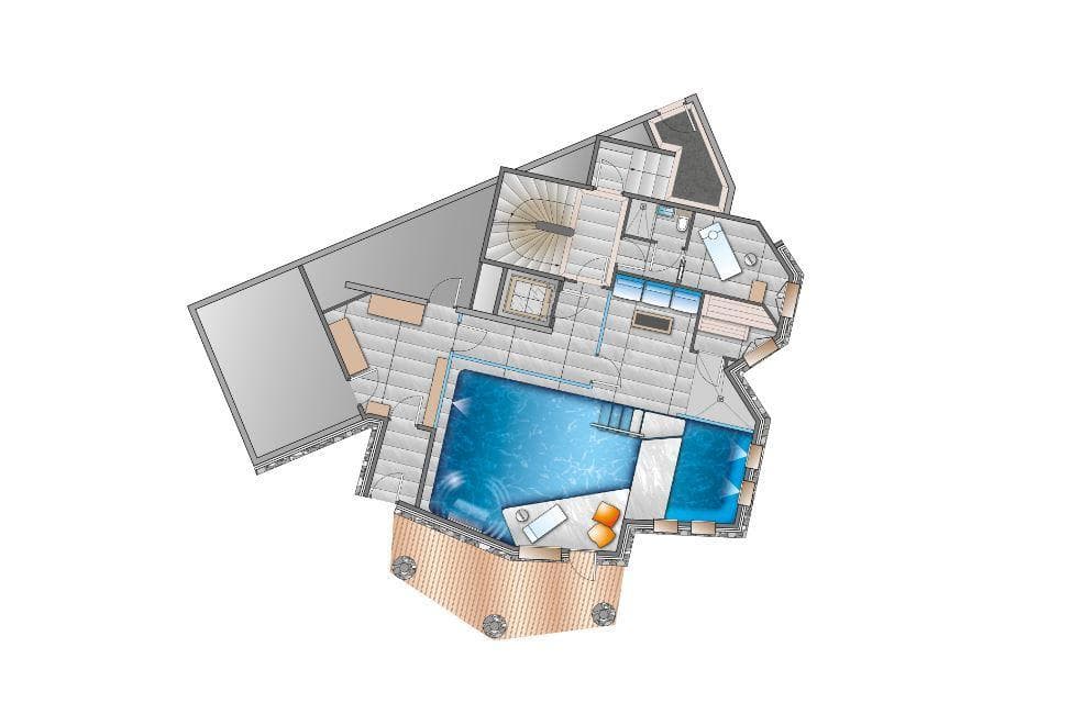 Lower level floor plan: indoor pool, hot tub, sauna, and massage room