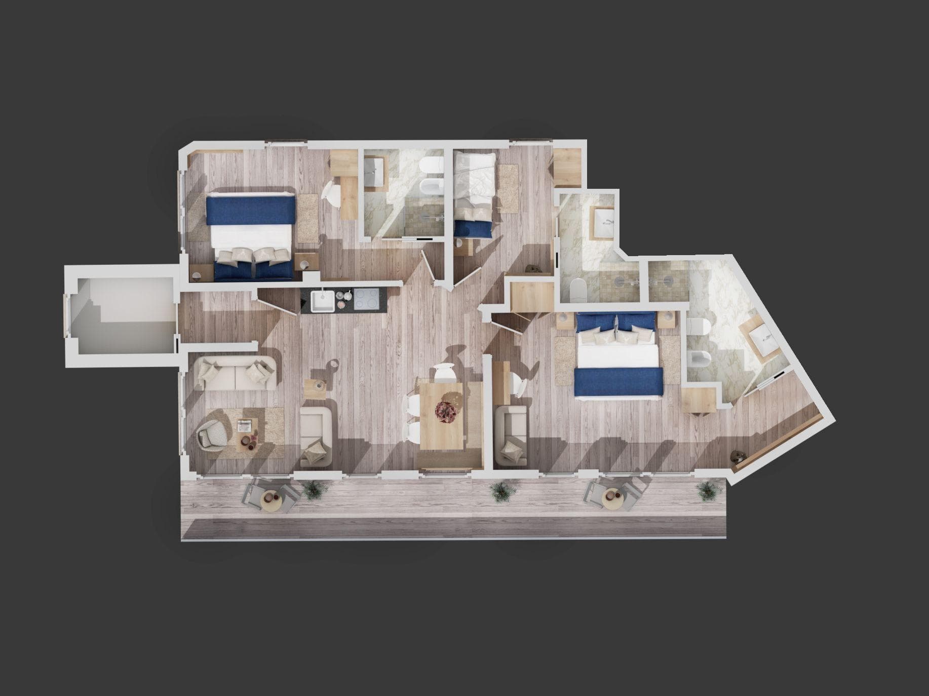 Floor plan: 3 bedrooms, 2 bathrooms, open-concept living area, and full-length terrace