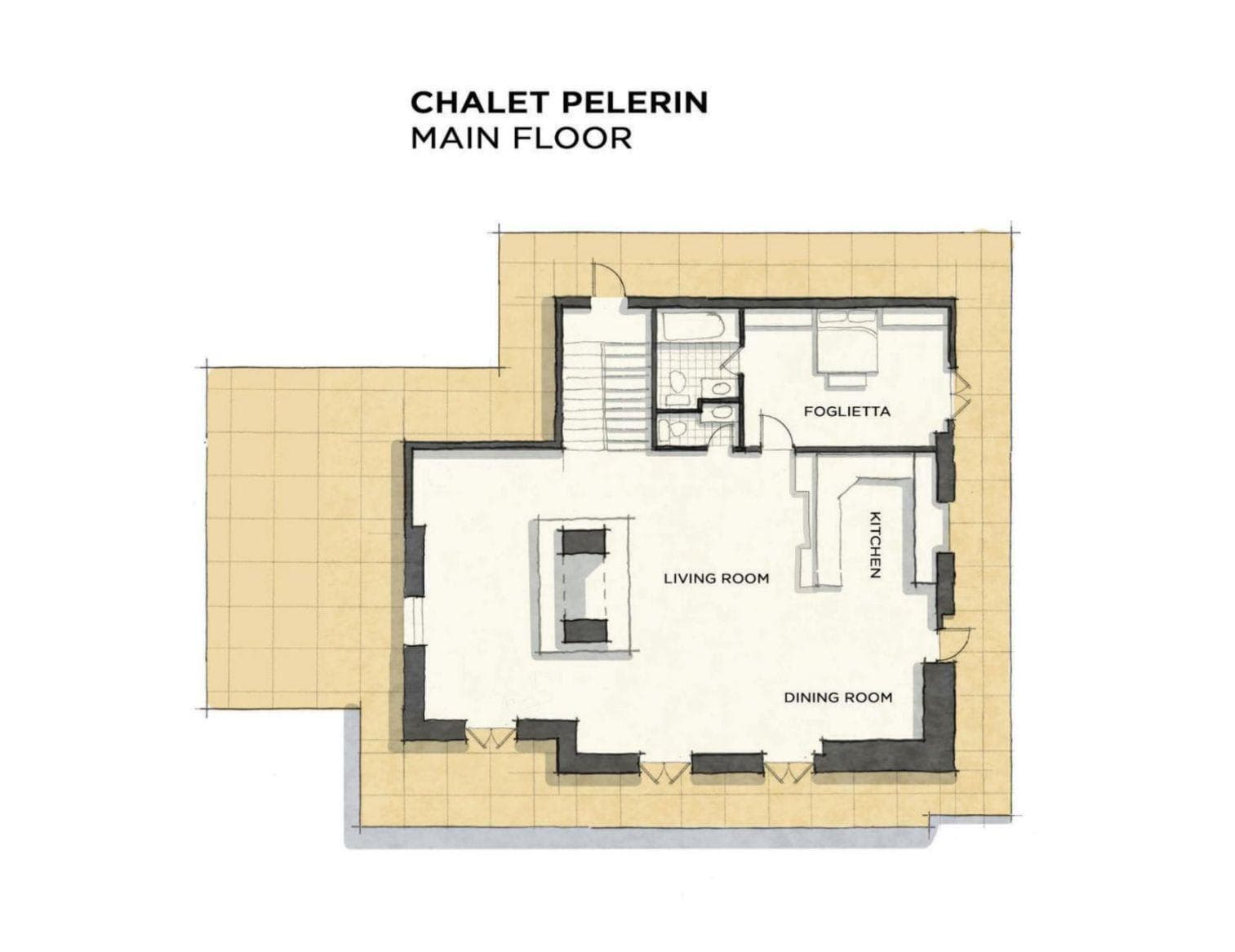 Main floor layout: open living area, kitchen, dining room, and ensuite bedroom