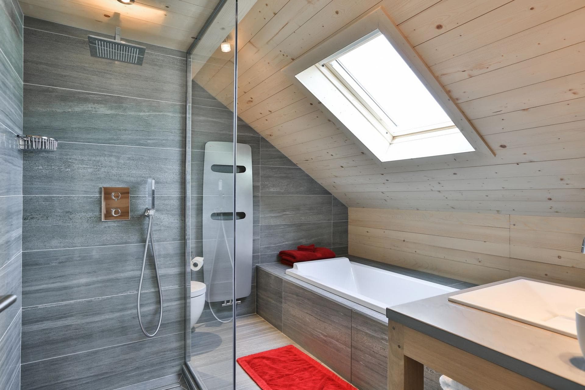 Bathroom with walk-in rainfall shower, soaking tub, and skylight