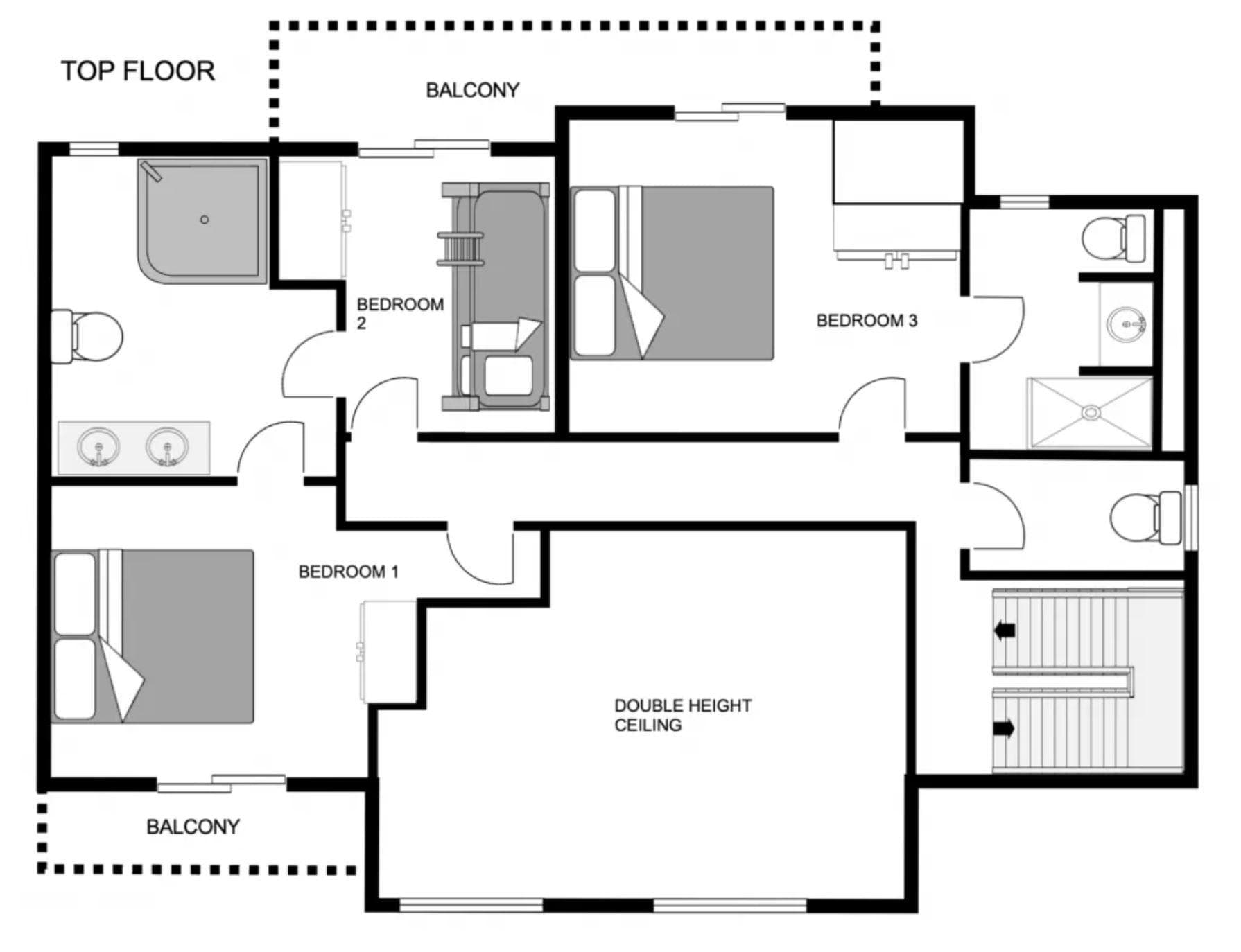 Top floor layout: three bedrooms, three bathrooms, and two private balconies