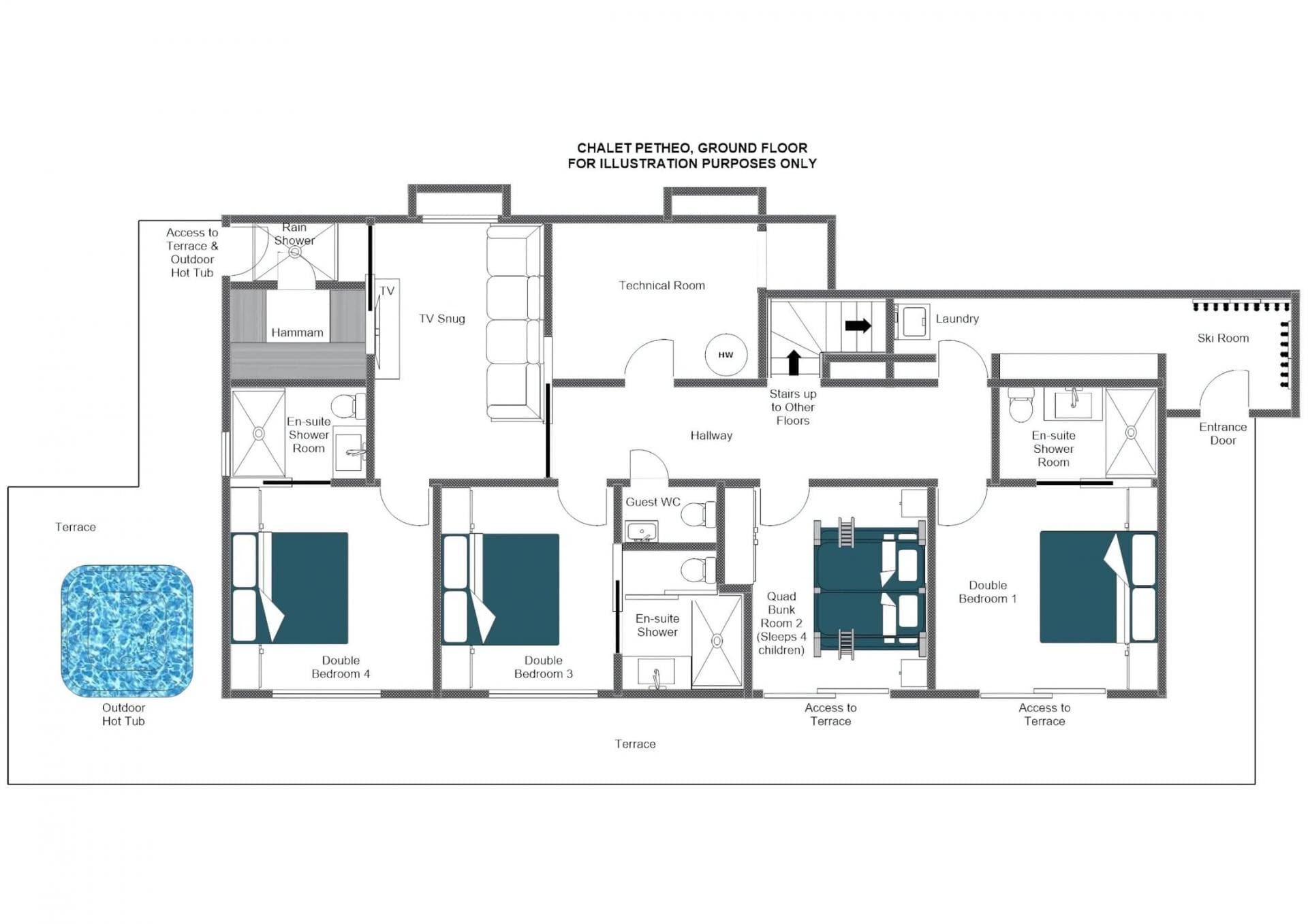 Ground floor plan: four bedrooms, hammam, ski room, and terrace with hot tub