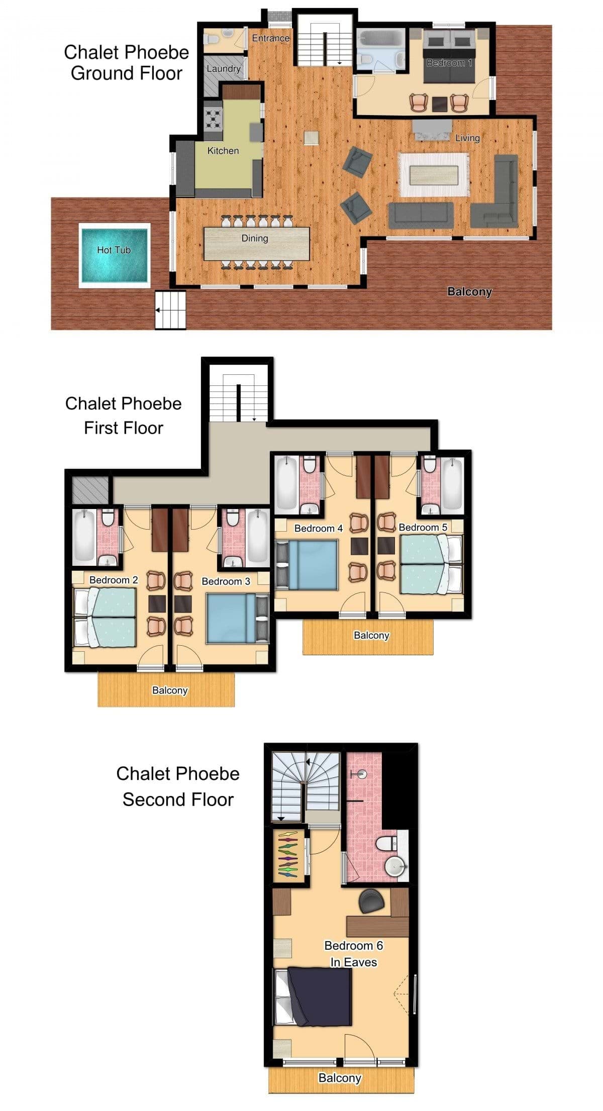 Three-level floor plan with six bedrooms, each featuring a private ensuite bathroom